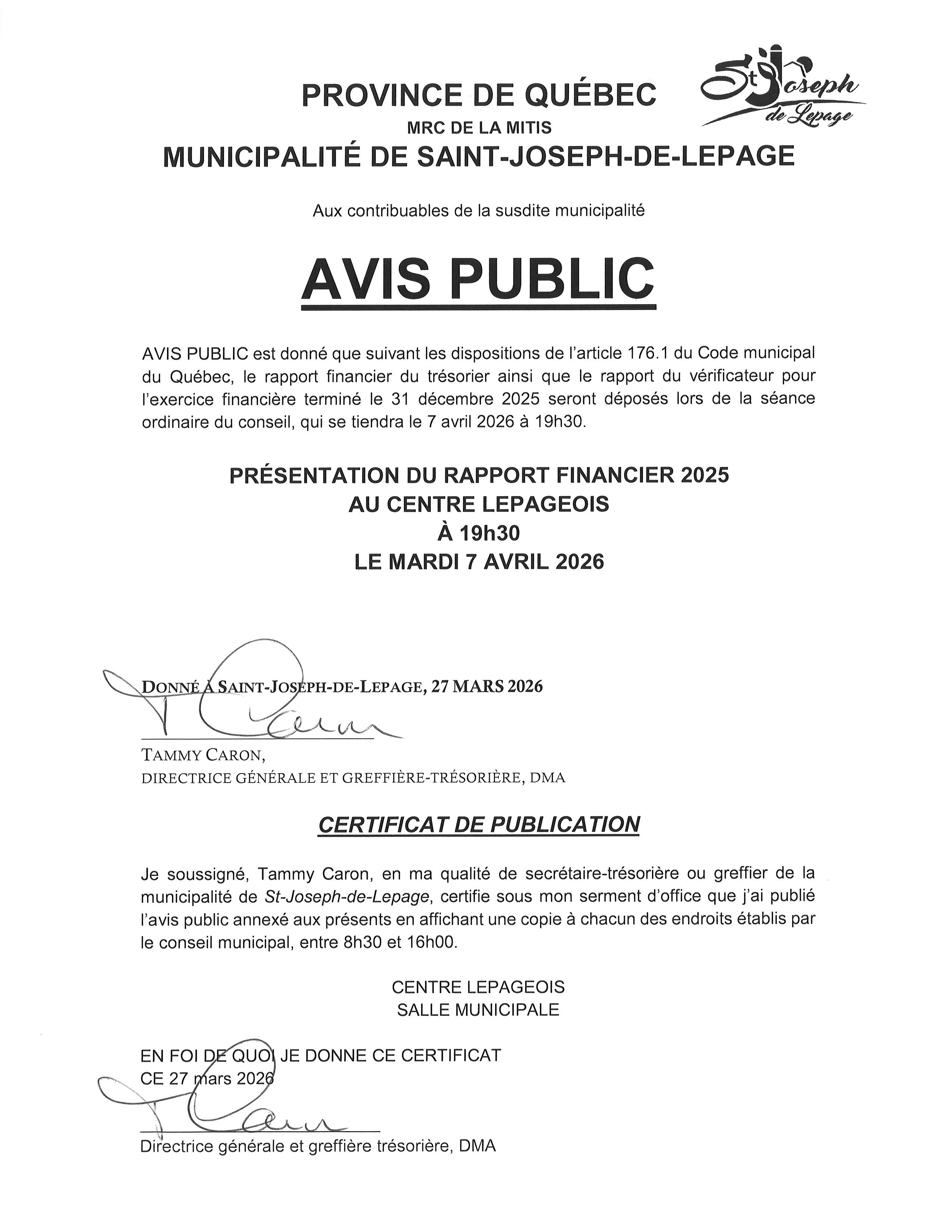 avis public dépôt rapport financier 2025