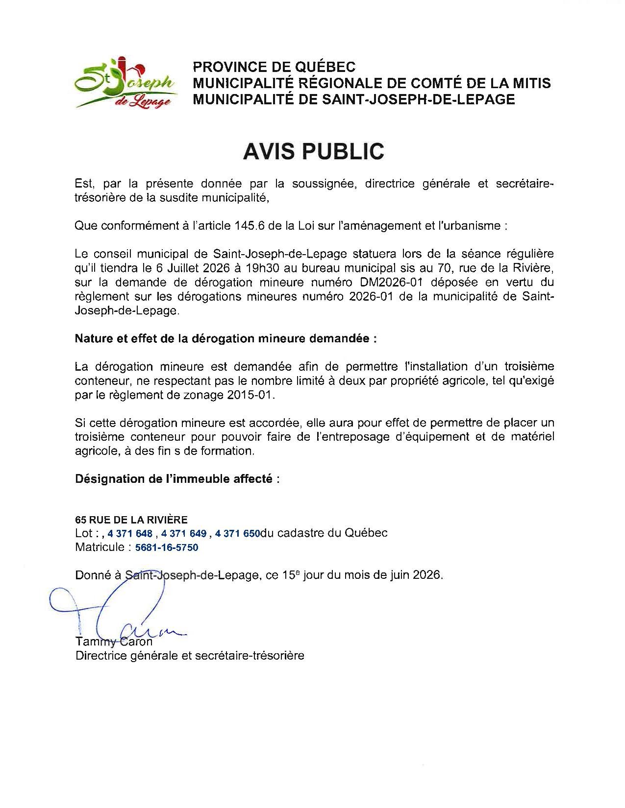 avis public dérogation mineure 2026-01