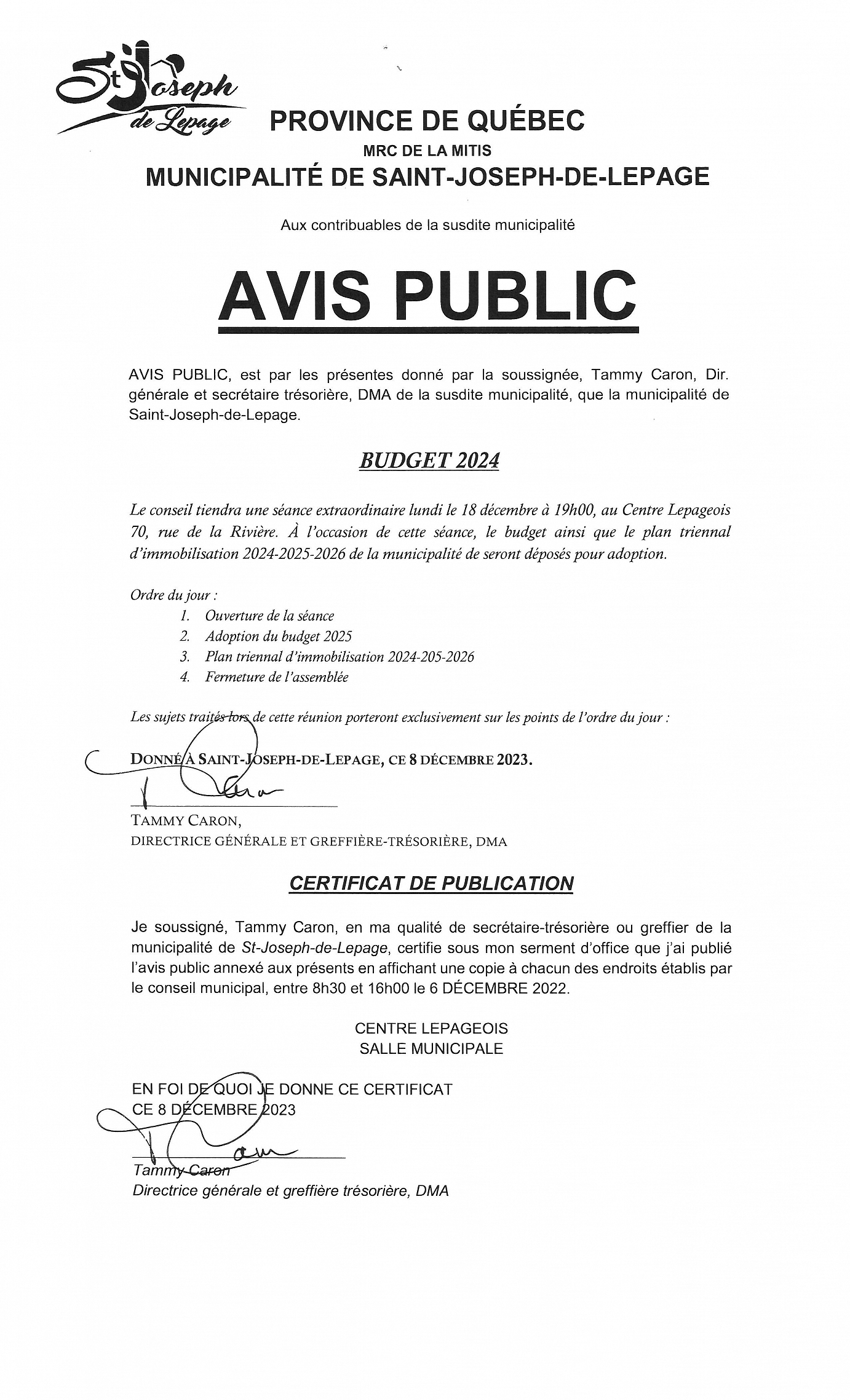AVIS PUBLIC BUDGET 2024